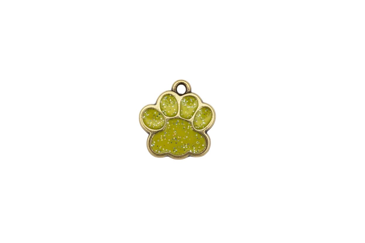 Gold paw print with olive enamel and iridescent glitter