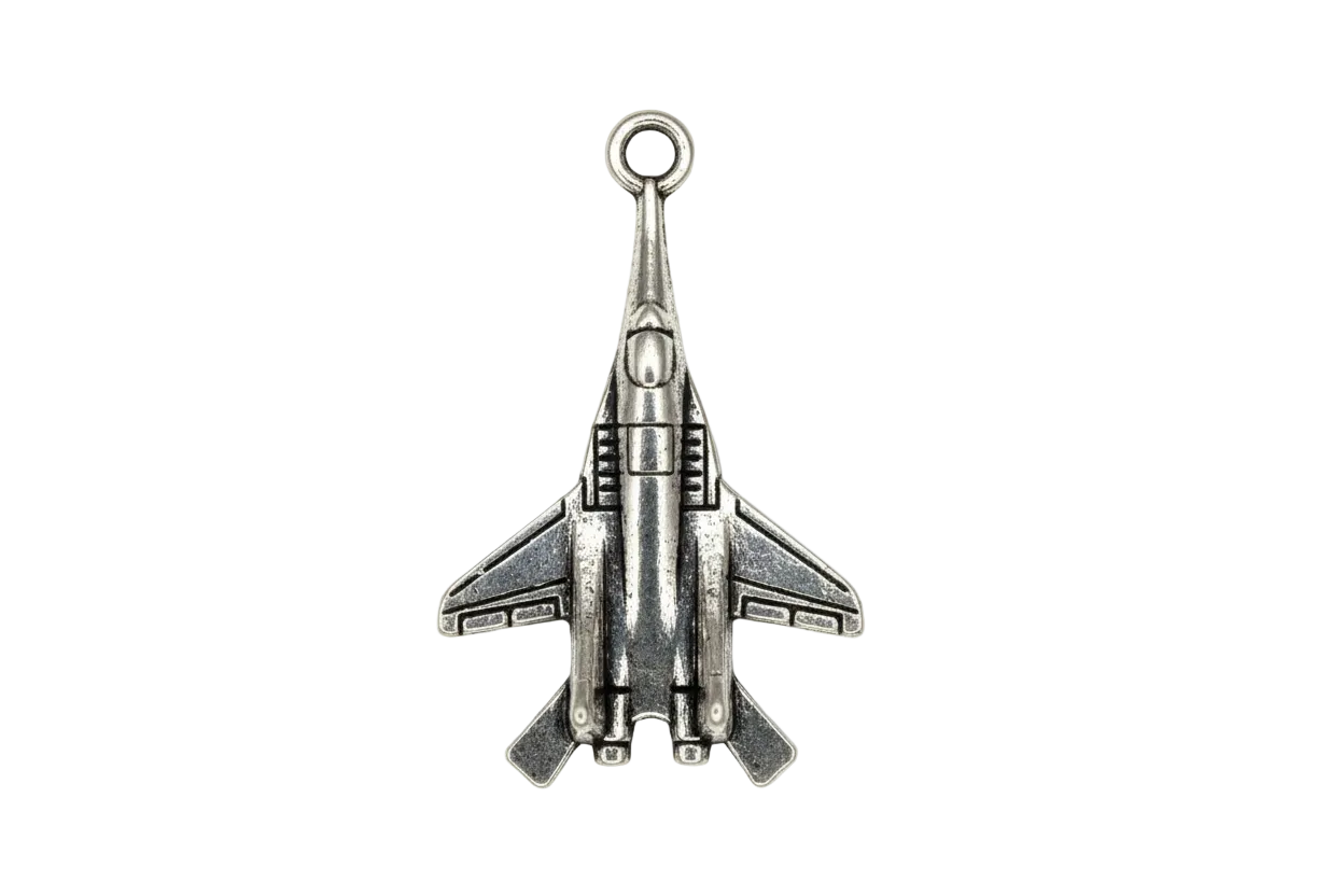Antiqued silver-tone space shuttle pendant with detailed wings, top view on black background