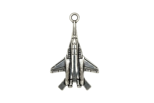 Antiqued silver-tone space shuttle pendant with detailed wings, top view on black background
