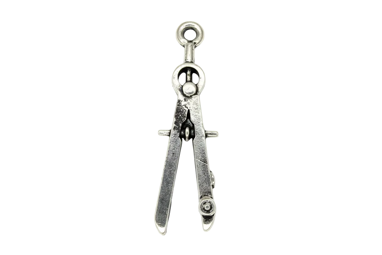 Oxidized silver drafting compass pendant with detailed hinged legs on a black background