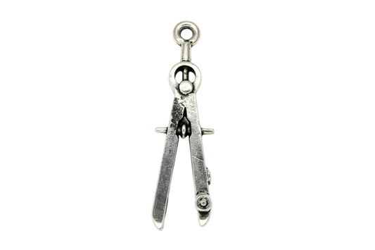 Oxidized silver drafting compass pendant with detailed hinged legs on a black background
