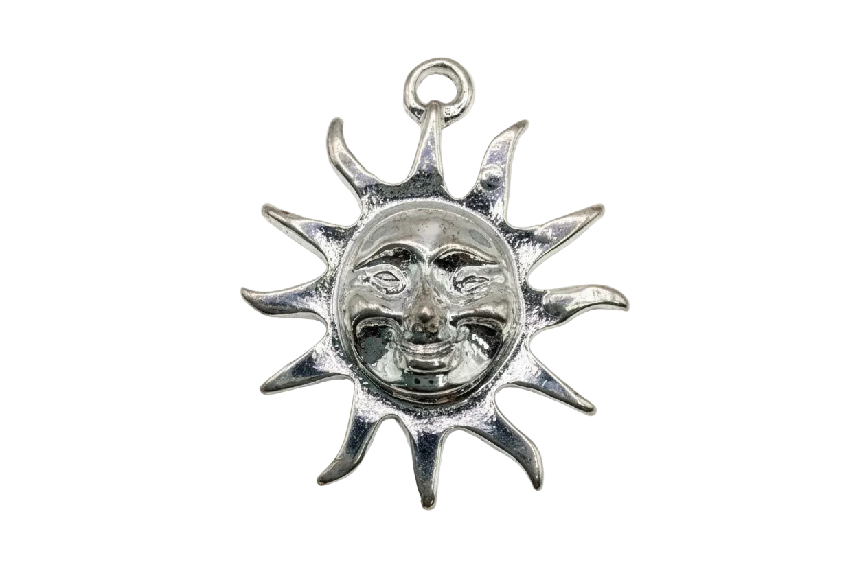 Polished silver sunburst medallion with sculpted smiling face