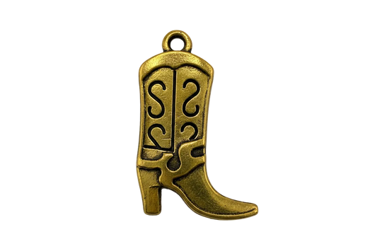 Gold cowboy boot charm with engraved scrollwork and antiqued black detailing