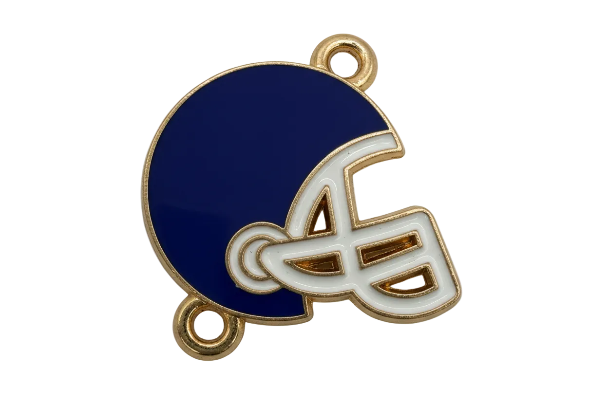Navy blue football helmet charm with white details and gold outline