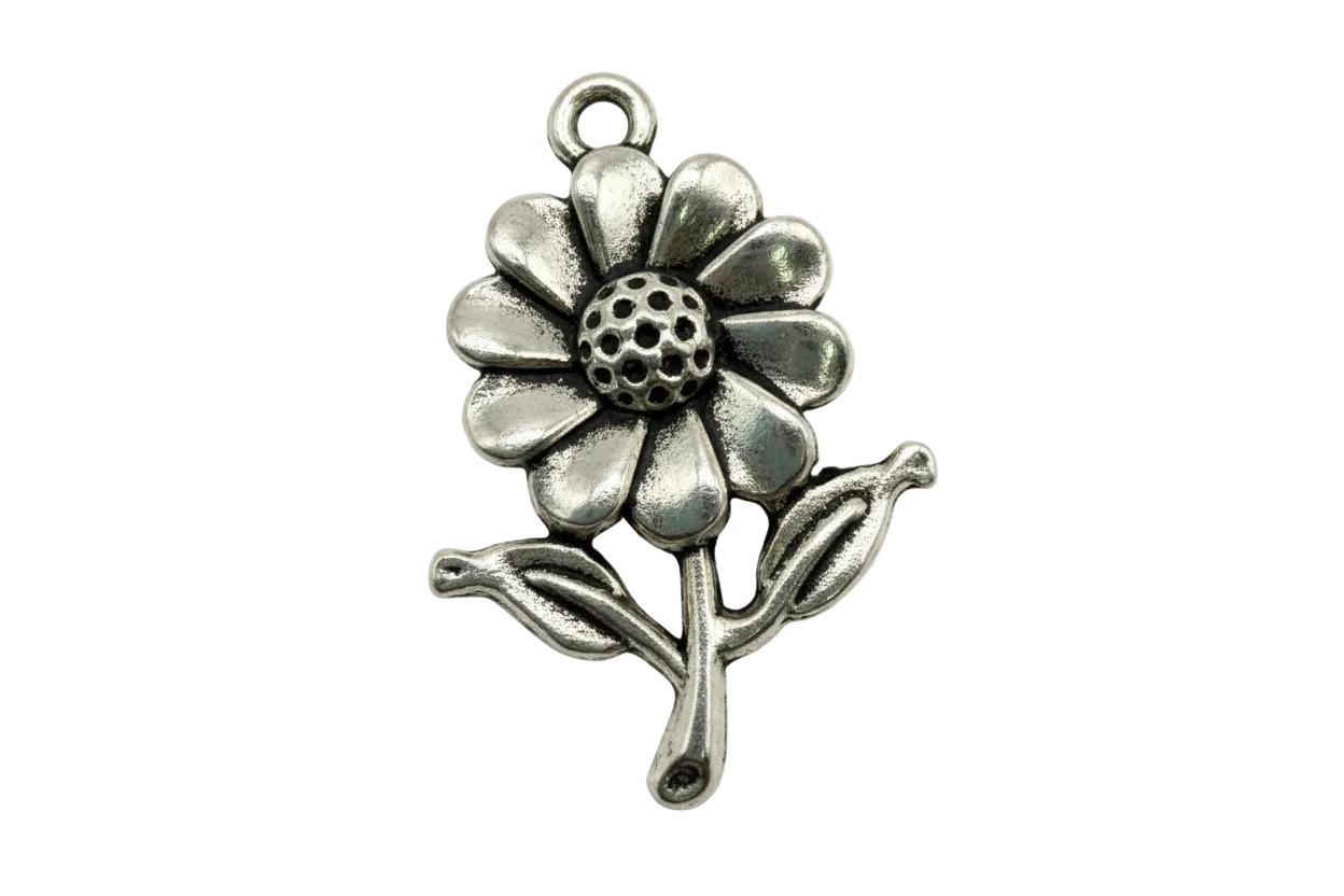Antique silver daisy flower charm with dotted center and curved leaves