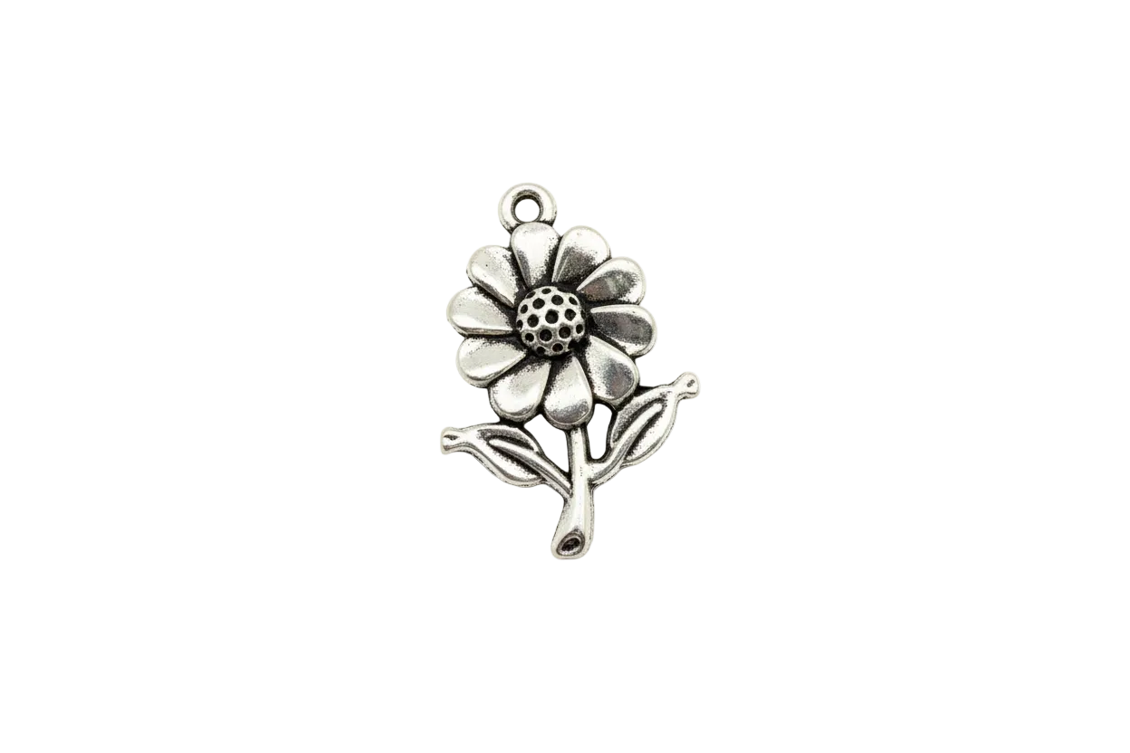 Antique silver daisy flower with dotted center and leaves