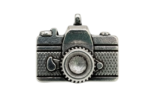 Silver vintage camera charm with textured body and raised lens detail