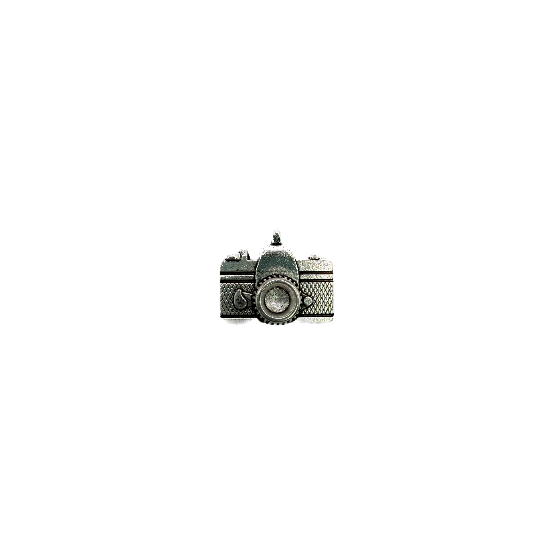 Silver vintage camera charm with raised lens detail