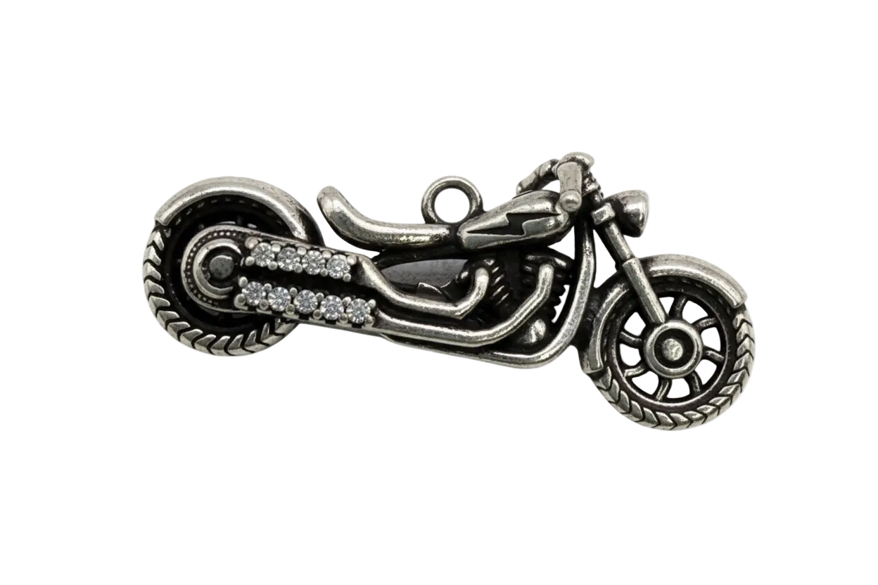 Antiqued silver motorcycle charm with clear crystal accents