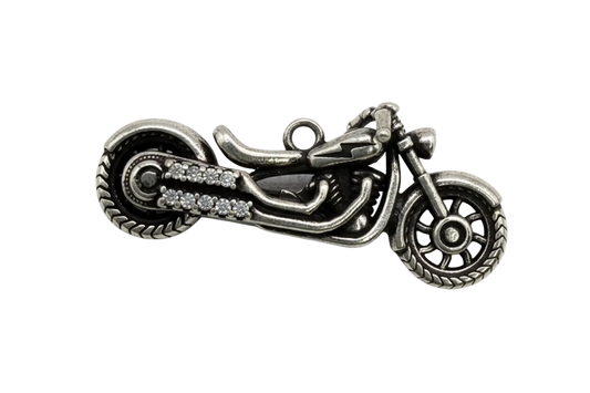 Antiqued silver motorcycle charm with clear crystal accents