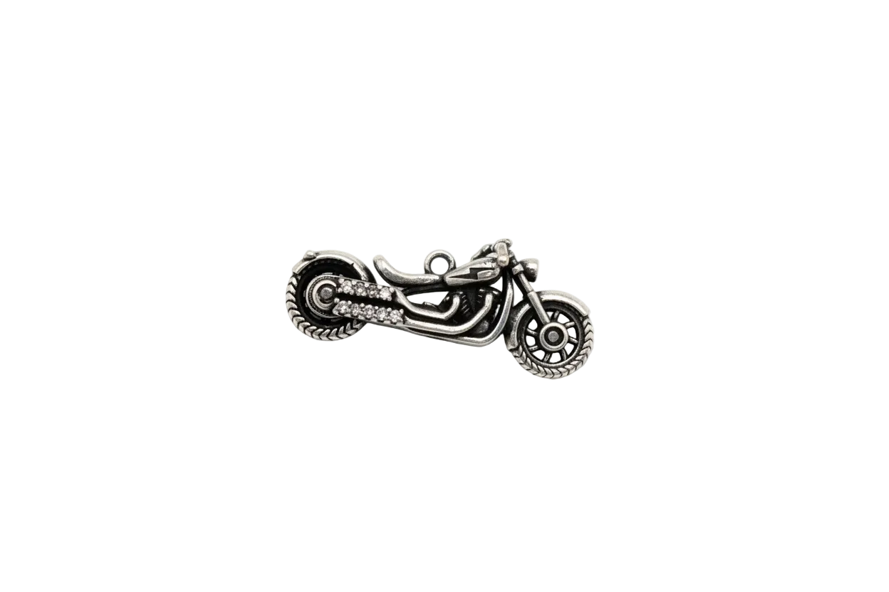 Antiqued silver motorcycle with clear crystals