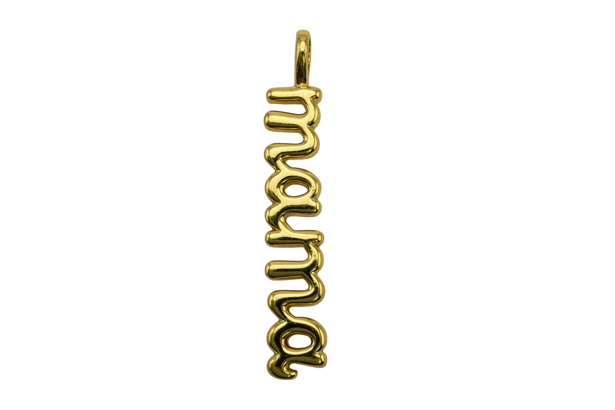 Glossy gold bubbly script word reading "promise" in a vertical layout