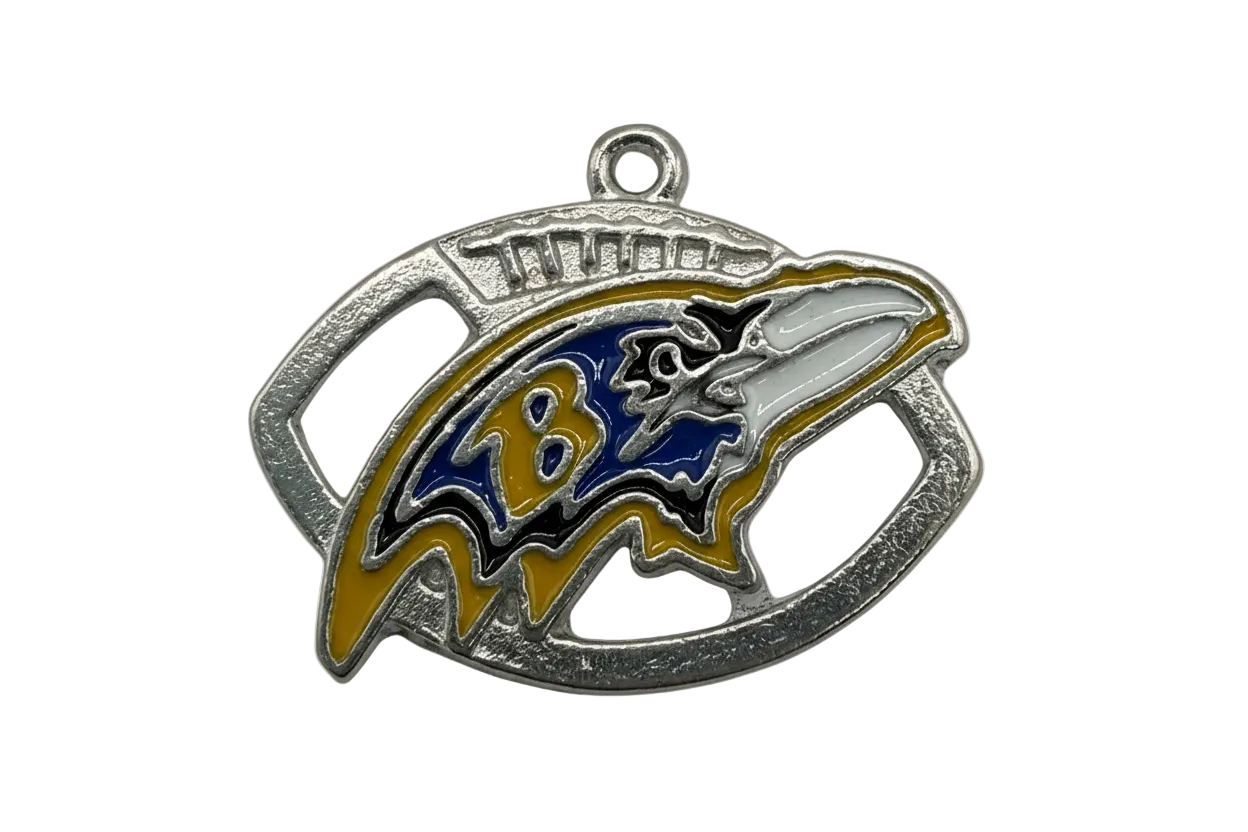 Silver football helmet pendant with navy and yellow enamel bird emblem and white accents