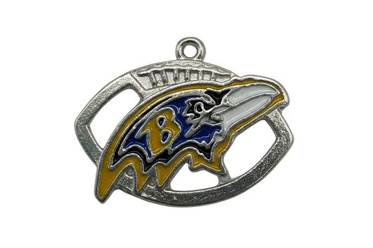 Silver football helmet pendant with navy and yellow enamel bird emblem and white accents