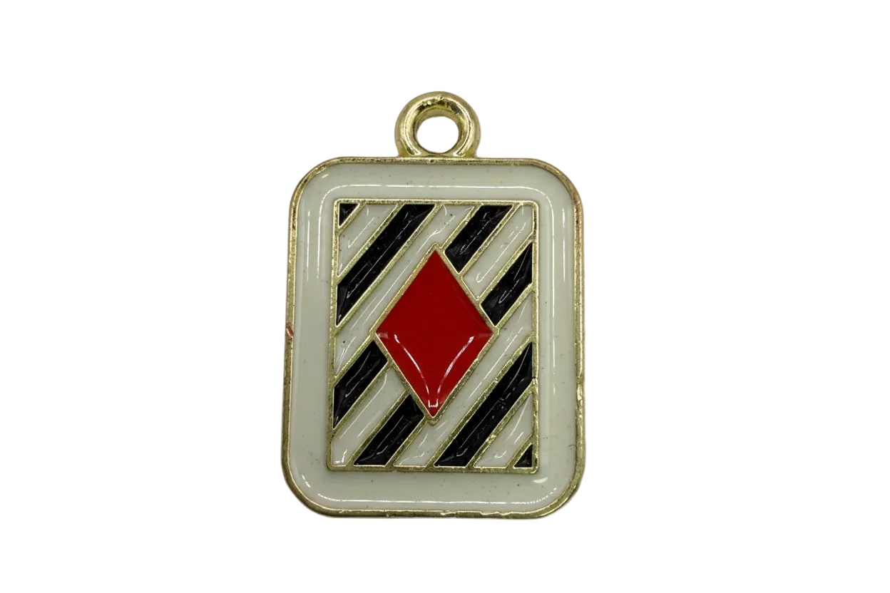 Gold-framed square with black and white diagonal stripes and a red diamond center