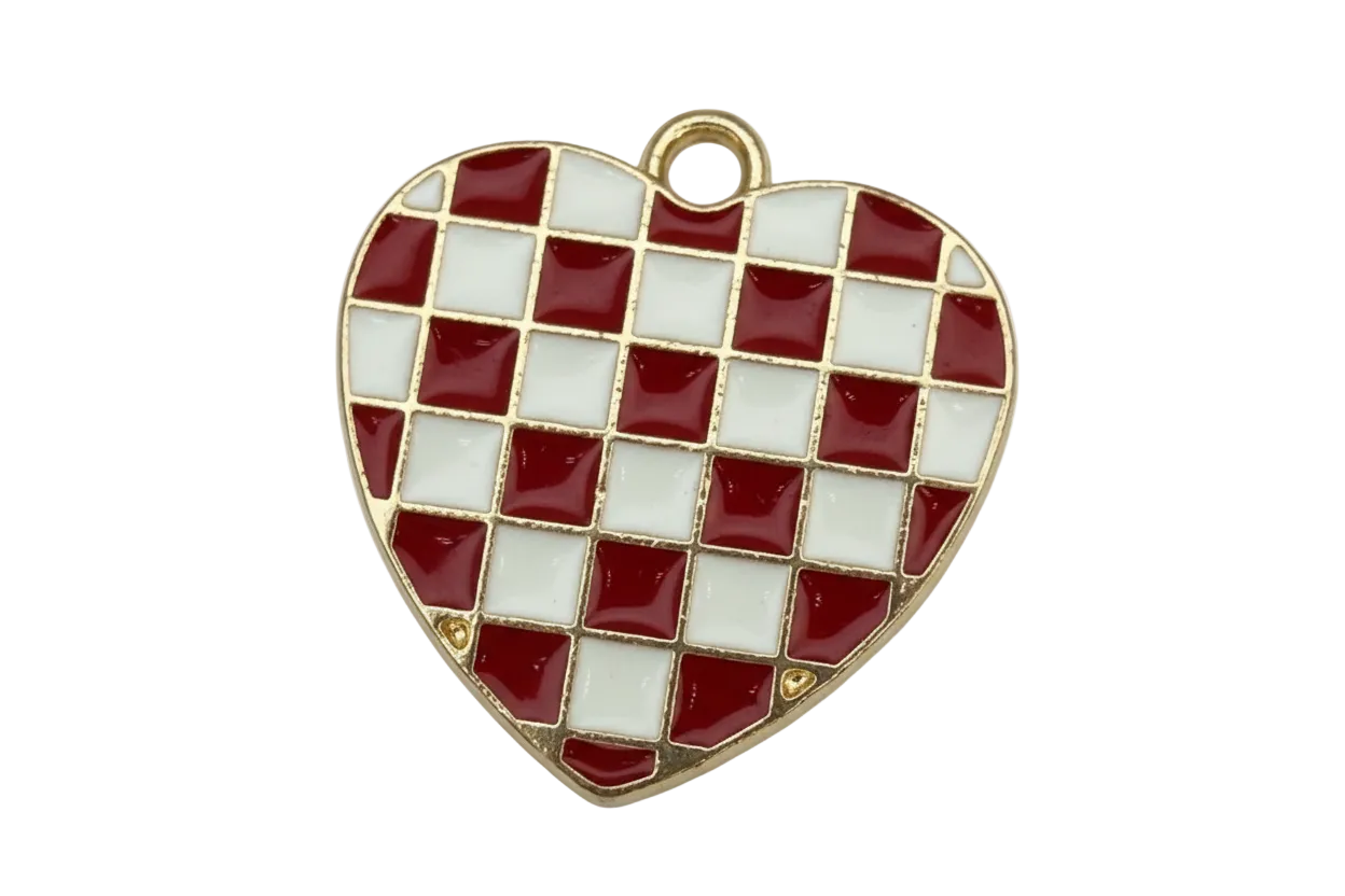 Gold heart with red and white checkerboard enamel tiles, glossy finish