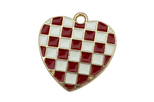 Gold heart with red and white checkerboard enamel tiles, glossy finish