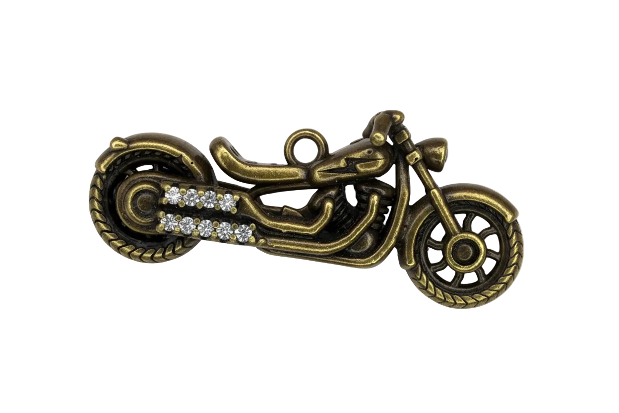 Antiqued gold motorcycle charm with clear crystal accents and darkened detail lines