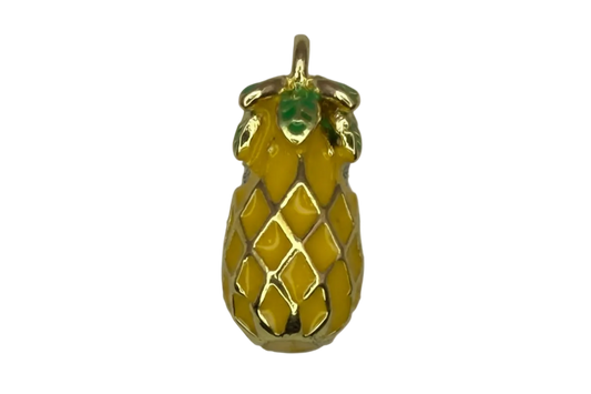 Glossy yellow pineapple charm with green leaves and gold detailing