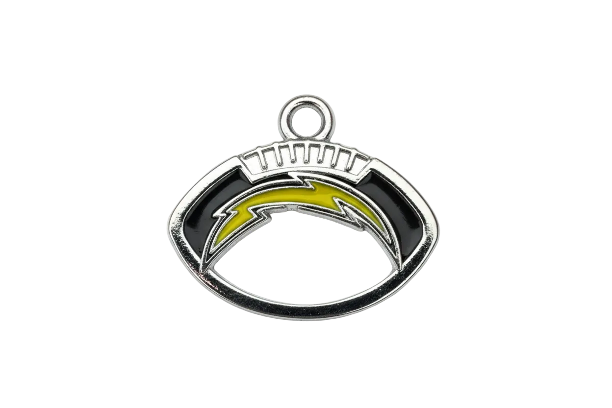 Silver football charm with yellow lightning bolt and gray enamel accents
