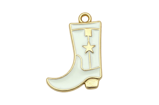 White enamel western boot with gold outline and star detail