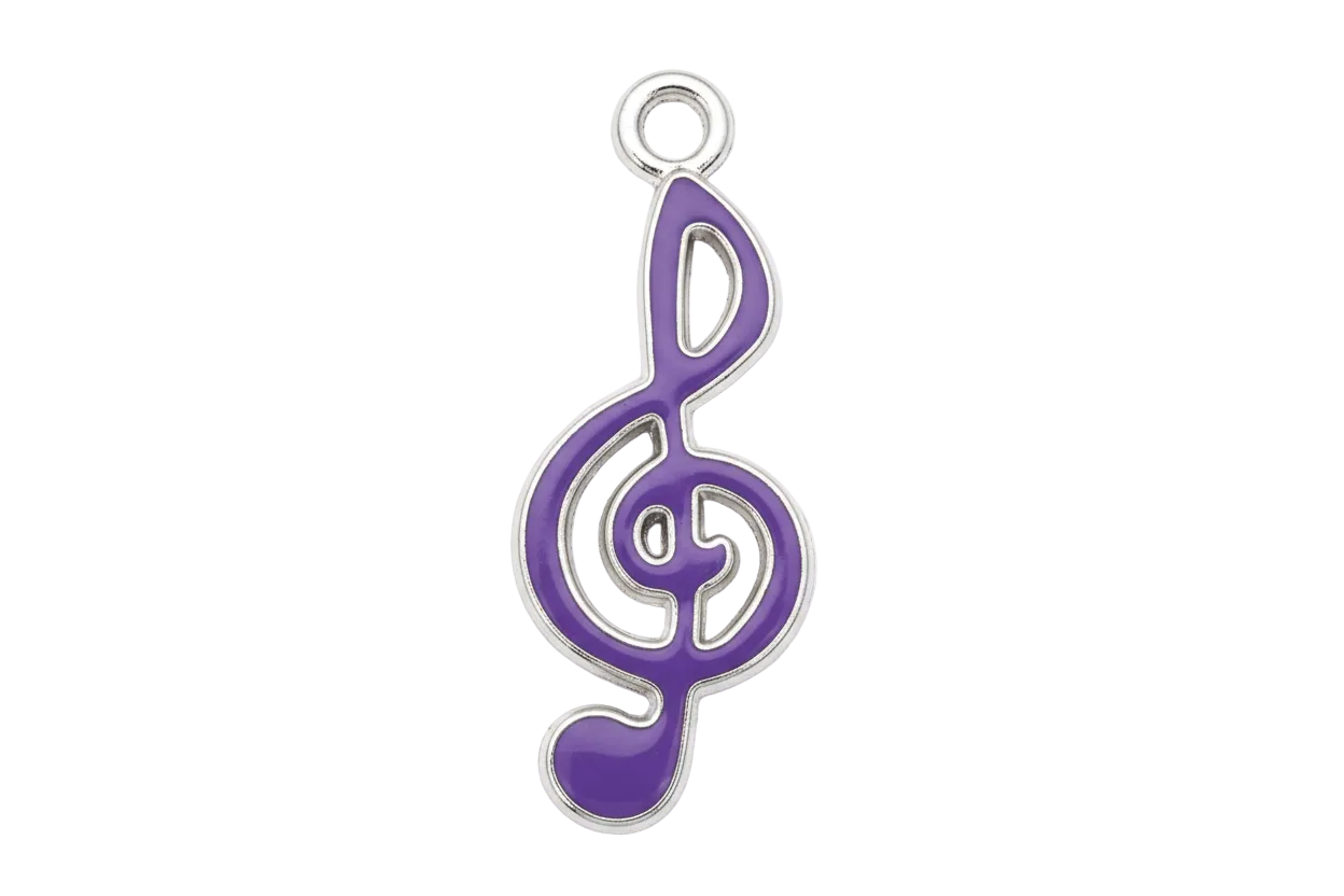 Purple treble clef music note charm with glossy finish on silver metal