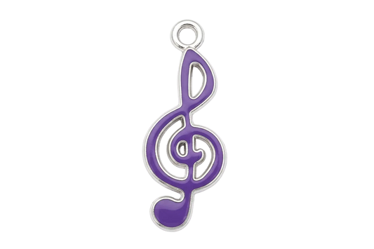 Purple treble clef music note charm with glossy finish on silver metal