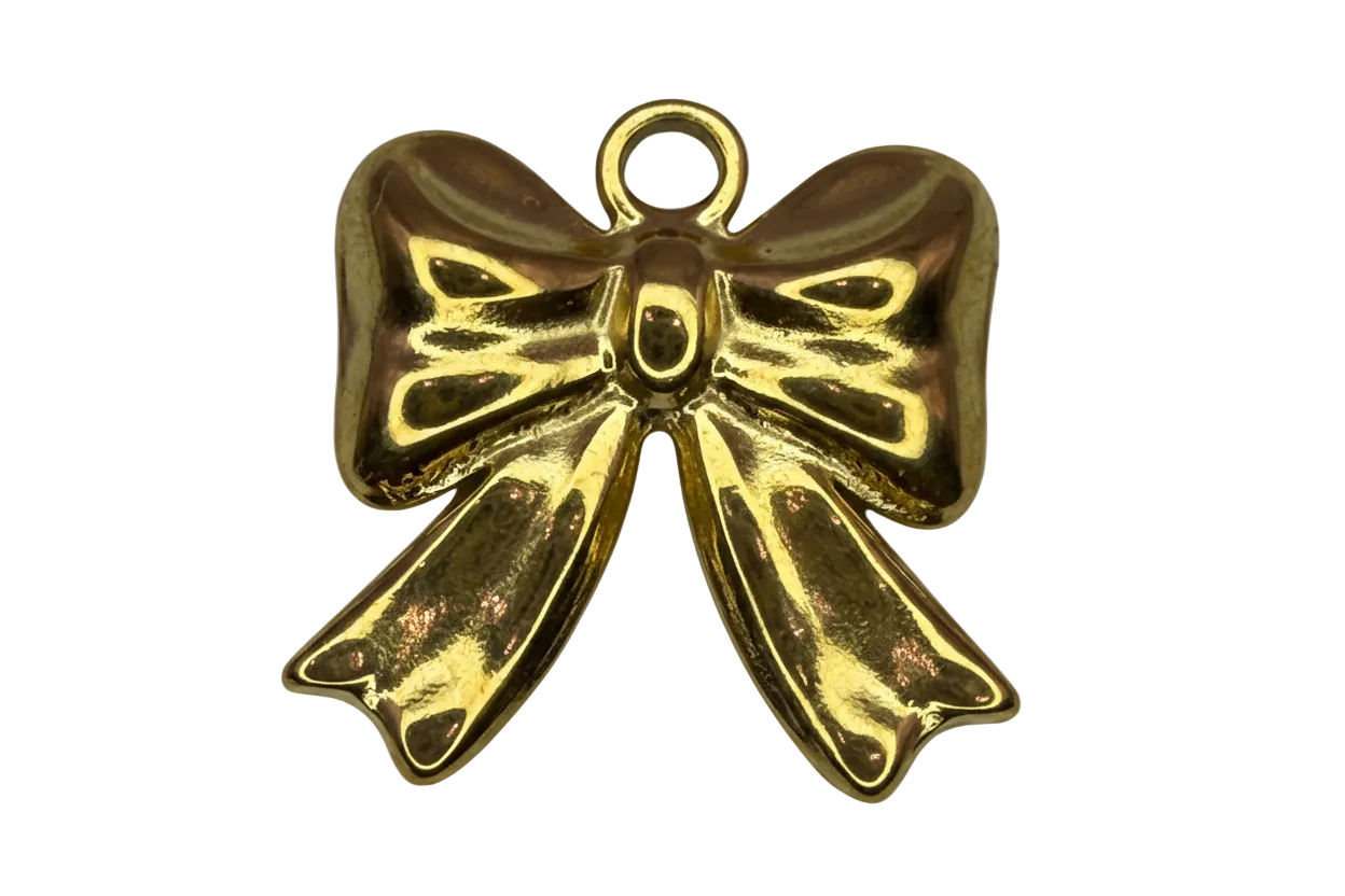 Polished gold ribbon bow charm with sculpted folds and glossy finish