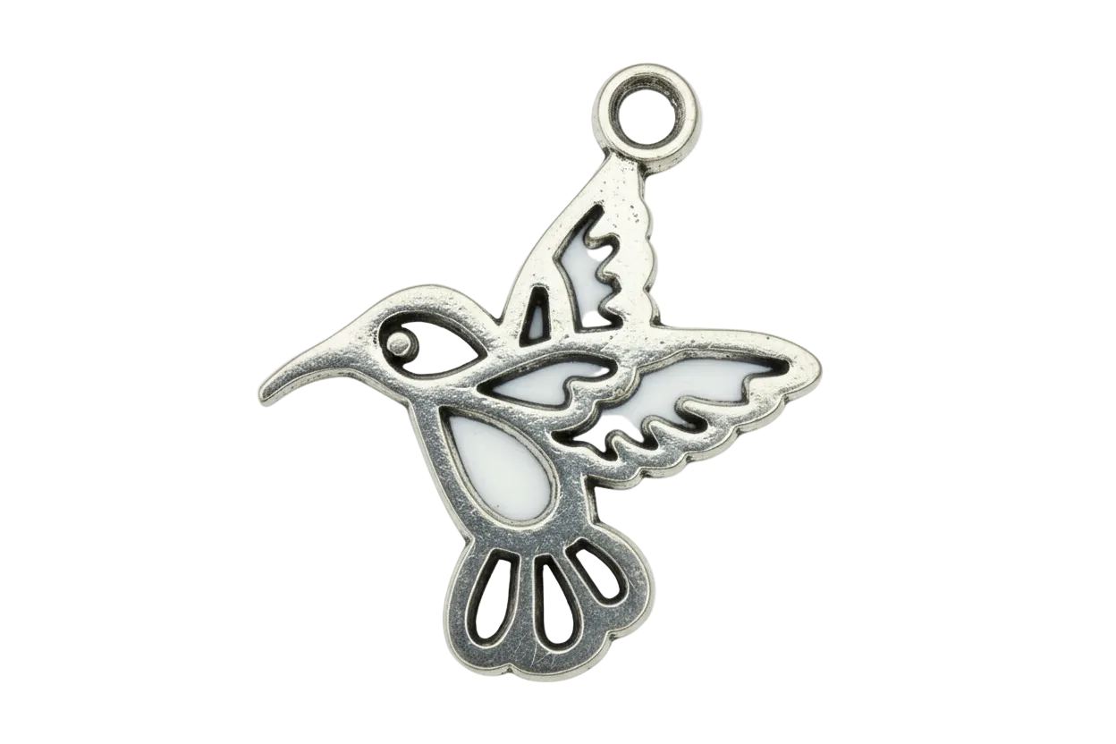 Antiqued silver openwork hummingbird silhouette with dark recessed detailing