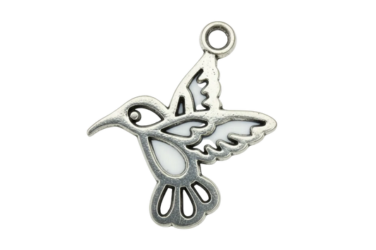 Antiqued silver openwork hummingbird silhouette with dark recessed detailing