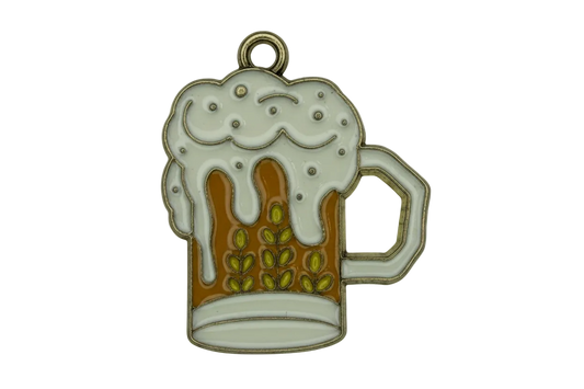 Gold-outlined enamel beer mug with white foam top and amber fill, olive details, and handle
