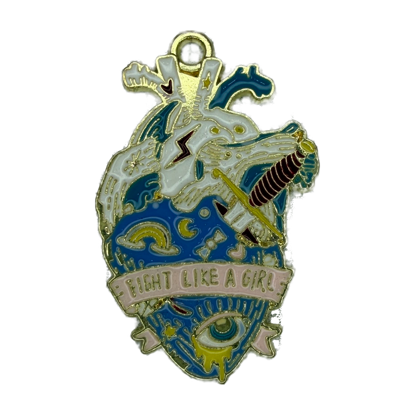 Gold enamel anatomical heart emblem with dagger, eye motif, and “Fight Like a Girl” banner in blue, white, and pink