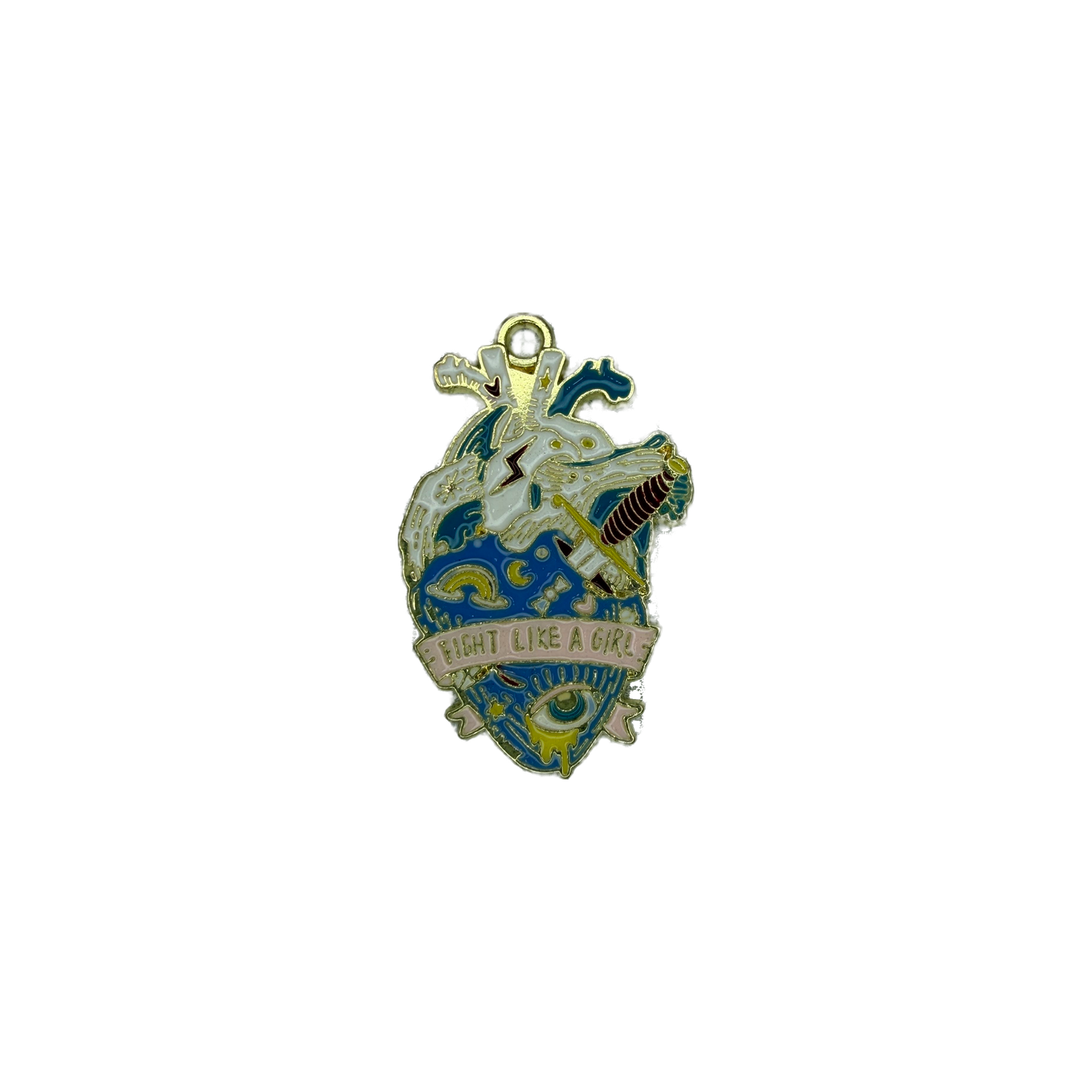 Gold enamel heart emblem with dagger, eye, and “Fight Like a Girl” banner