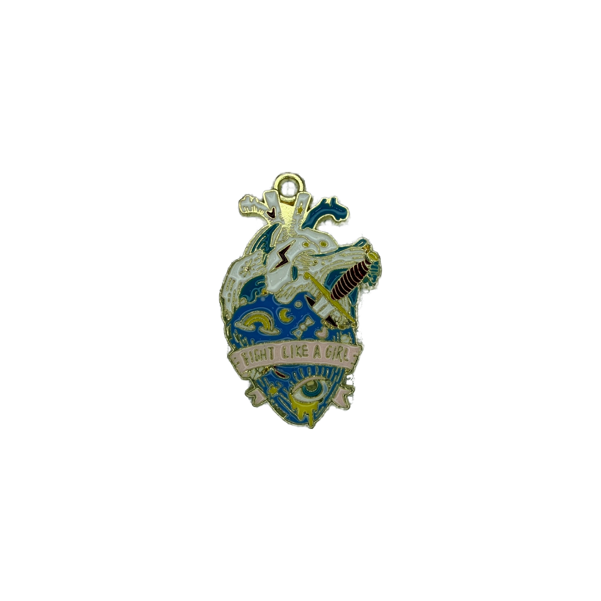 Gold enamel heart emblem with dagger, eye, and “Fight Like a Girl” banner
