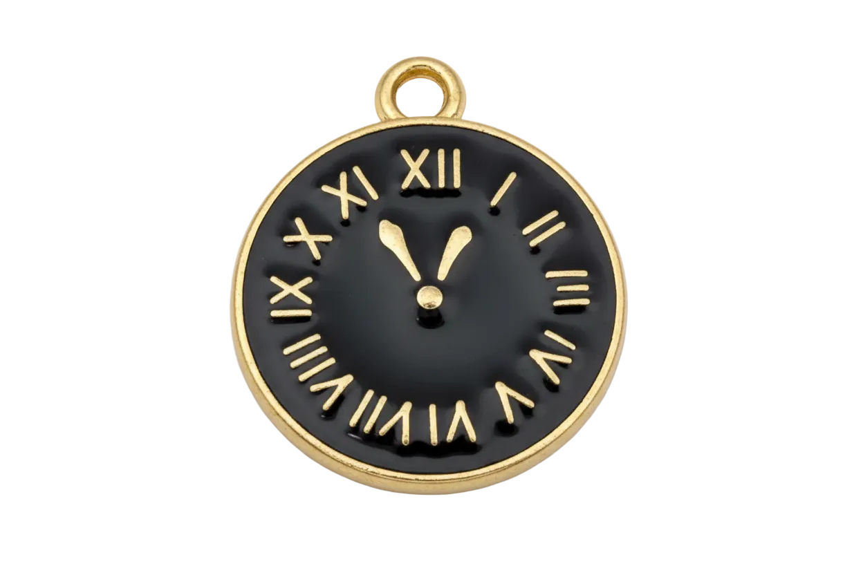 Round black enamel clock medallion with raised gold Roman numerals and gold hands