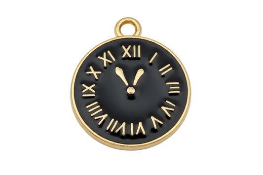 Round black enamel clock medallion with raised gold Roman numerals and gold hands
