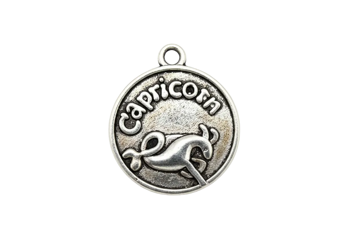 Antiqued silver round Capricorn medallion with raised lettering and sea-goat symbol
