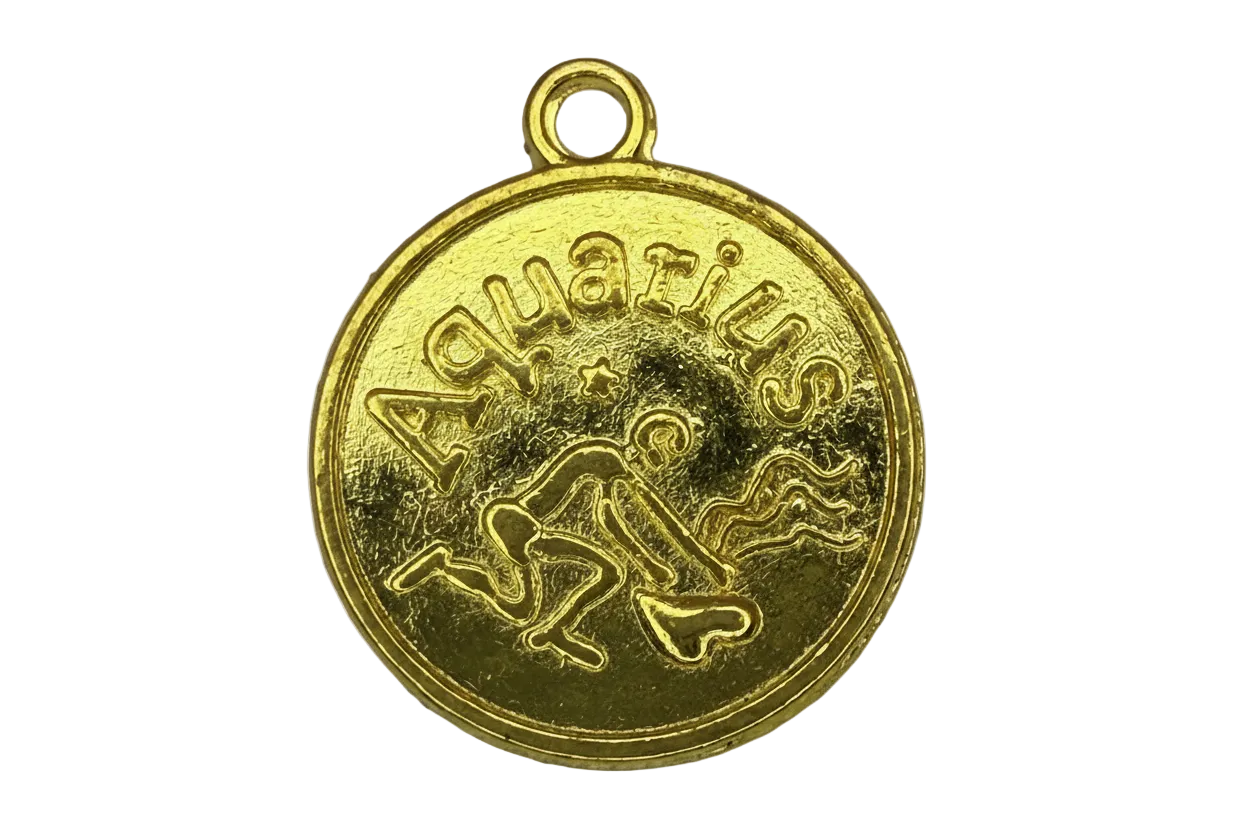 Round gold Aquarius zodiac coin with raised lettering and symbol