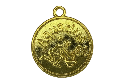 Round gold Aquarius zodiac coin with raised lettering and symbol