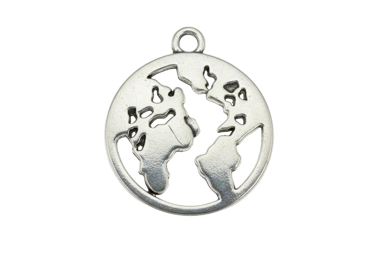 Polished silver openwork globe disc with cutout world map design