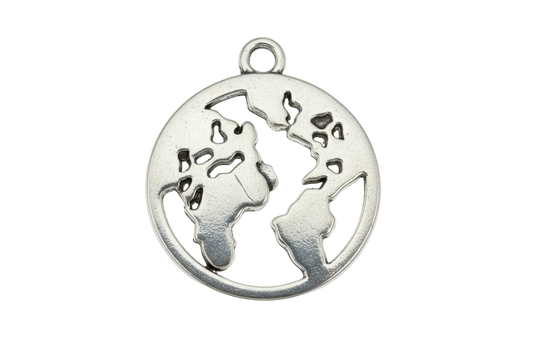 Polished silver openwork globe disc with cutout world map design
