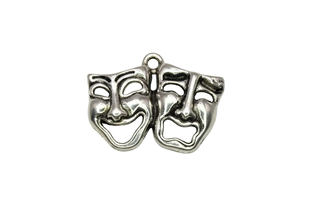 Polished silver theater comedy and tragedy masks with sculpted faces