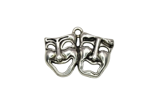 Polished silver theater comedy and tragedy masks with sculpted faces