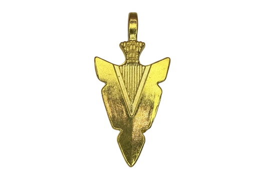 Gold arrowhead pendant with engraved detailing and pointed silhouette