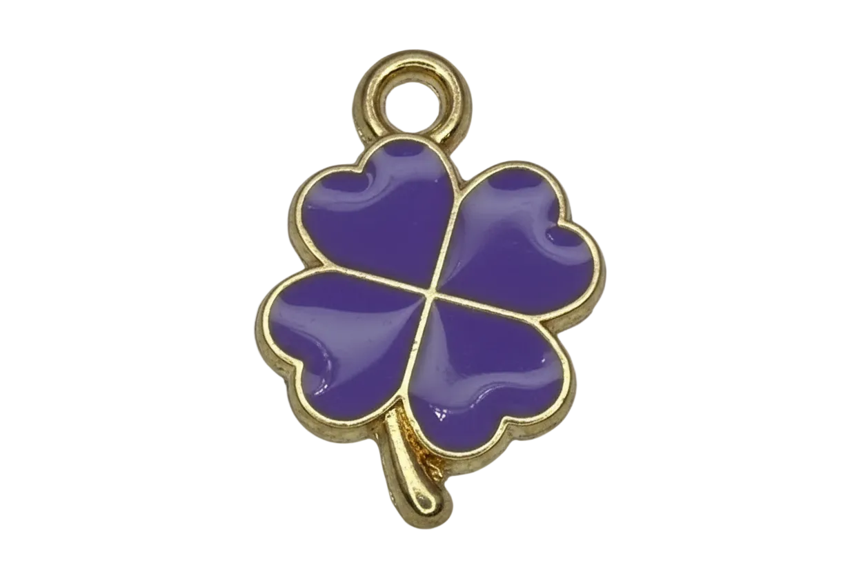 Glossy purple four-leaf clover with gold outline and stem
