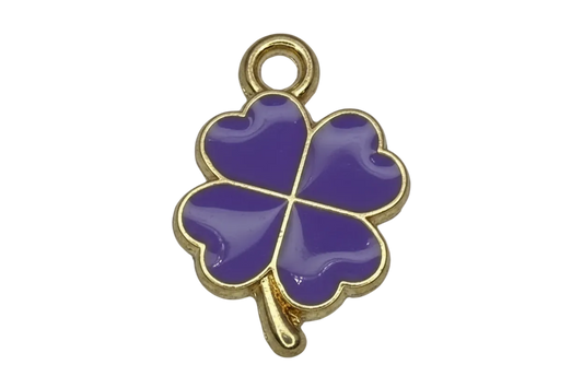 Glossy purple four-leaf clover with gold outline and stem
