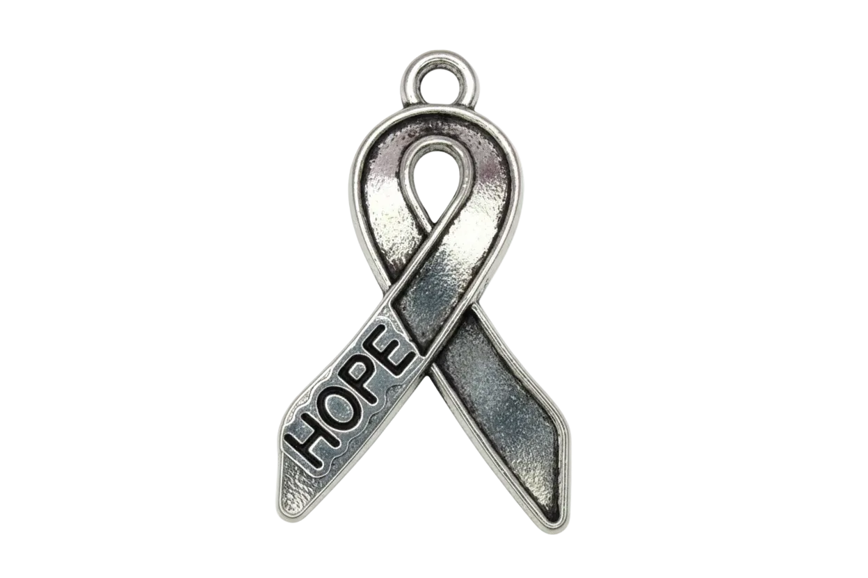 Silver awareness ribbon charm with raised HOPE text and oxidized details