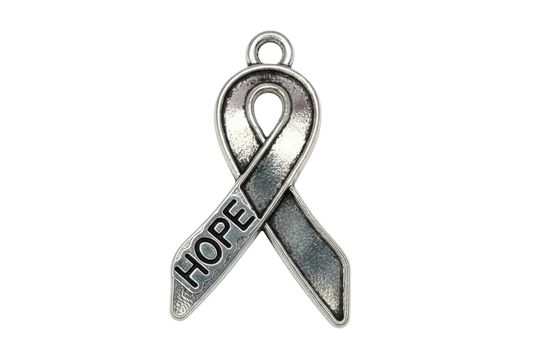 Silver awareness ribbon charm with raised HOPE text and oxidized details