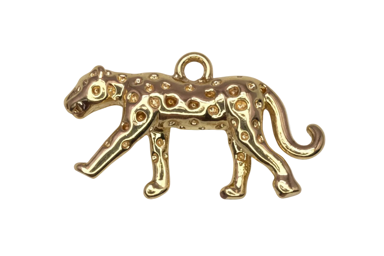 Gold leopard silhouette charm with amber-toned gem spots and polished finish