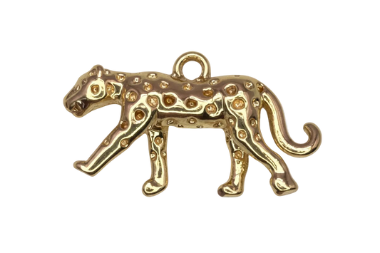 Gold leopard silhouette charm with amber-toned gem spots and polished finish